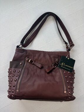 B. Makowsky Burgundy Leather Studded Shoulder Bag